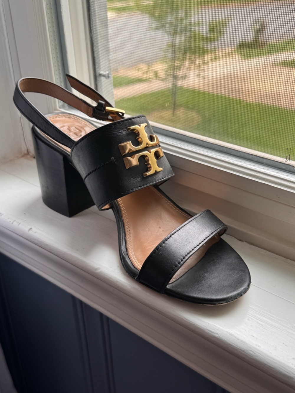 Tory Burch Everly Black Leather Gold-Logo Block Heel Sandals - Size 7.5